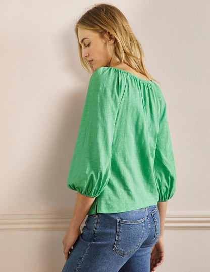 Blouson Sleeve Cotton Top-Zephyr Green