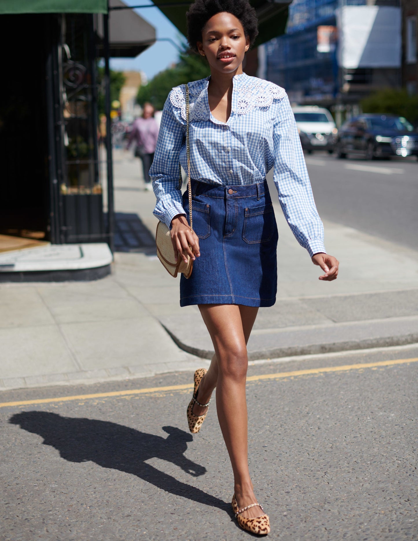 Broderie Collar Shirt-Blue, Gingham