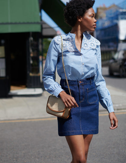 Broderie Collar Shirt-Blue, Gingham