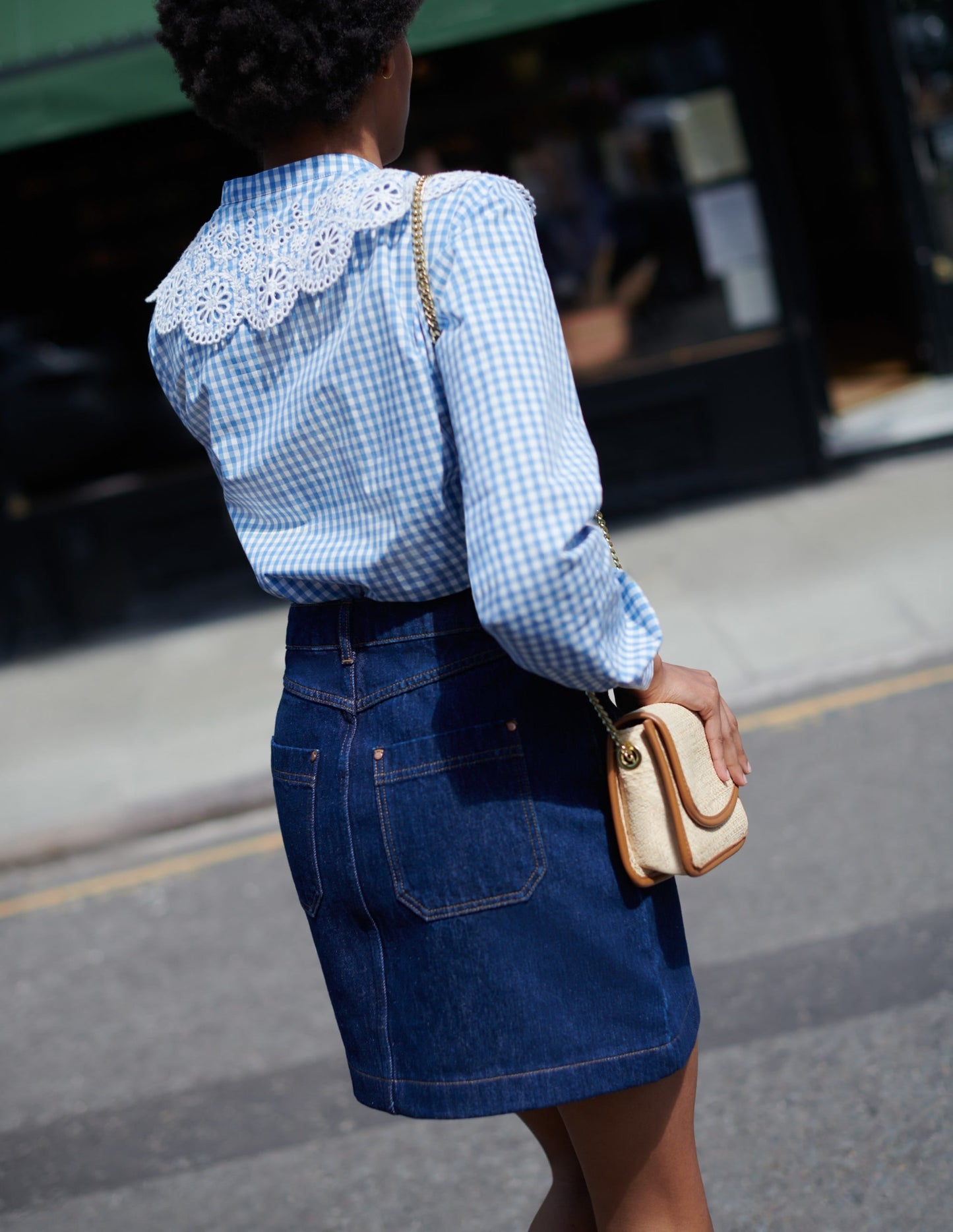 Broderie Collar Shirt-Blue, Gingham
