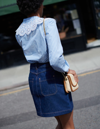 Broderie Collar Shirt-Blue, Gingham