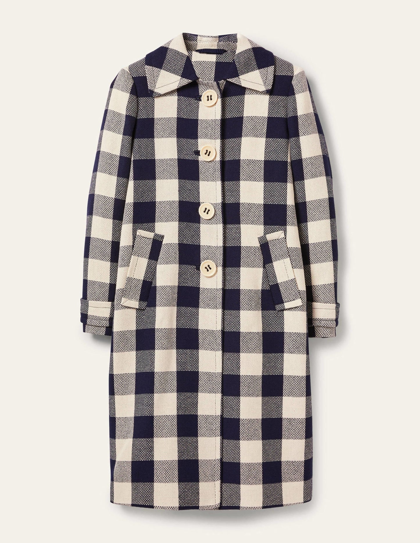 Bonnie Gingham Buttoned Coat-Ivory/Navy Gingham