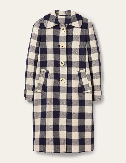 Bonnie Gingham Buttoned Coat-Ivory/Navy Gingham