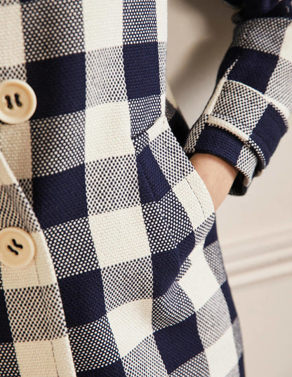 Bonnie Gingham Buttoned Coat-Ivory/Navy Gingham