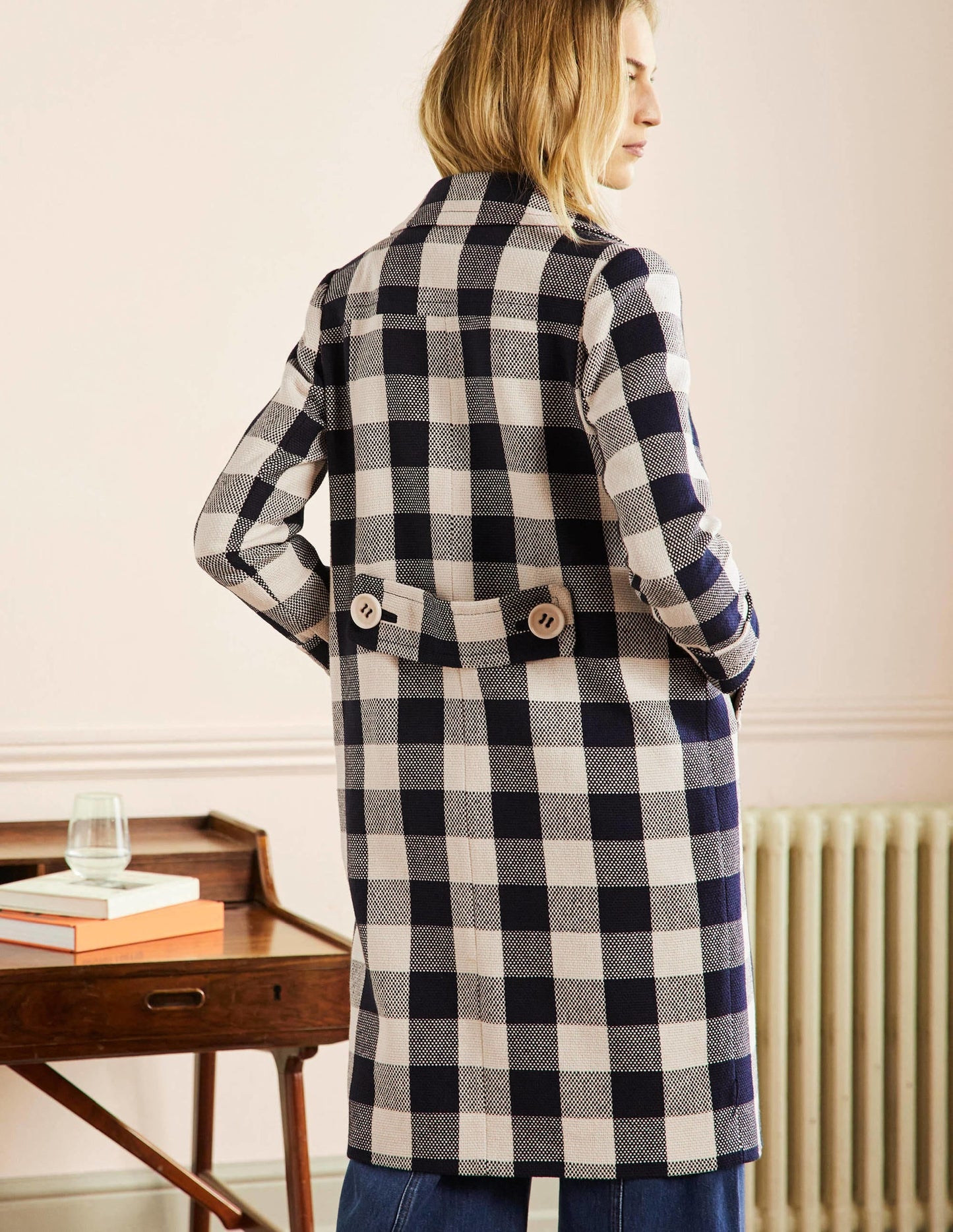 Bonnie Gingham Buttoned Coat-Ivory/Navy Gingham