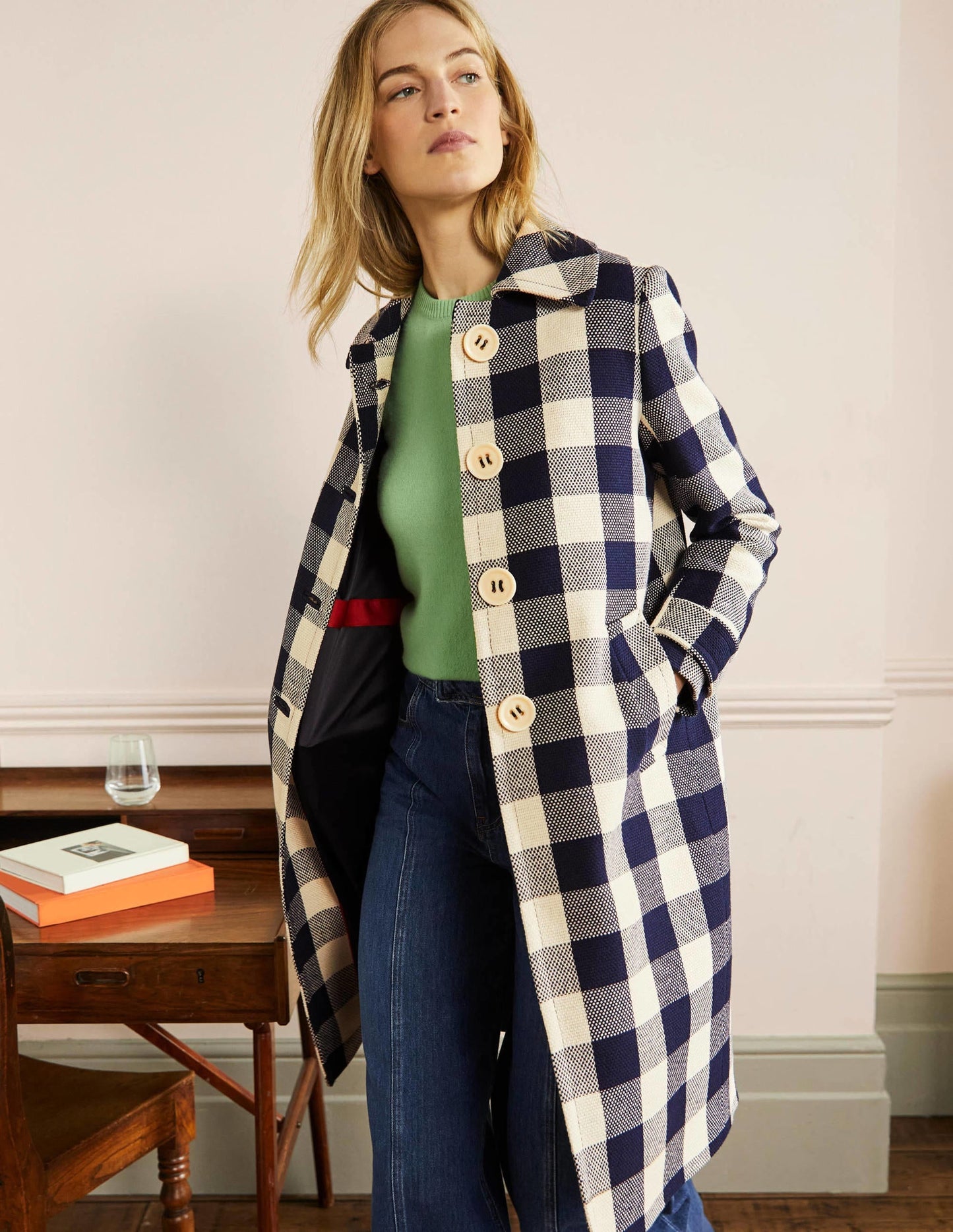 Bonnie Gingham Buttoned Coat-Ivory/Navy Gingham