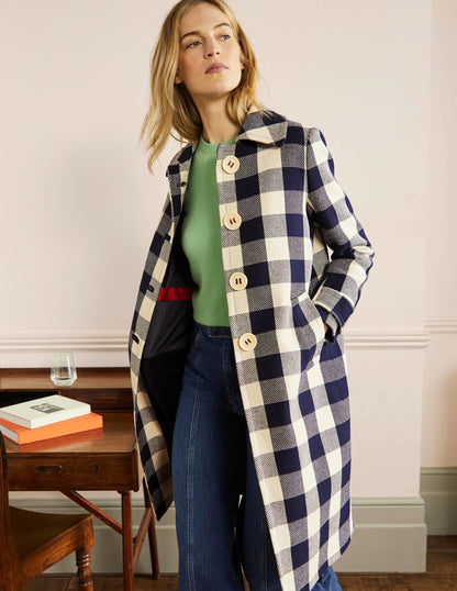 Bonnie Gingham Buttoned Coat-Ivory/Navy Gingham