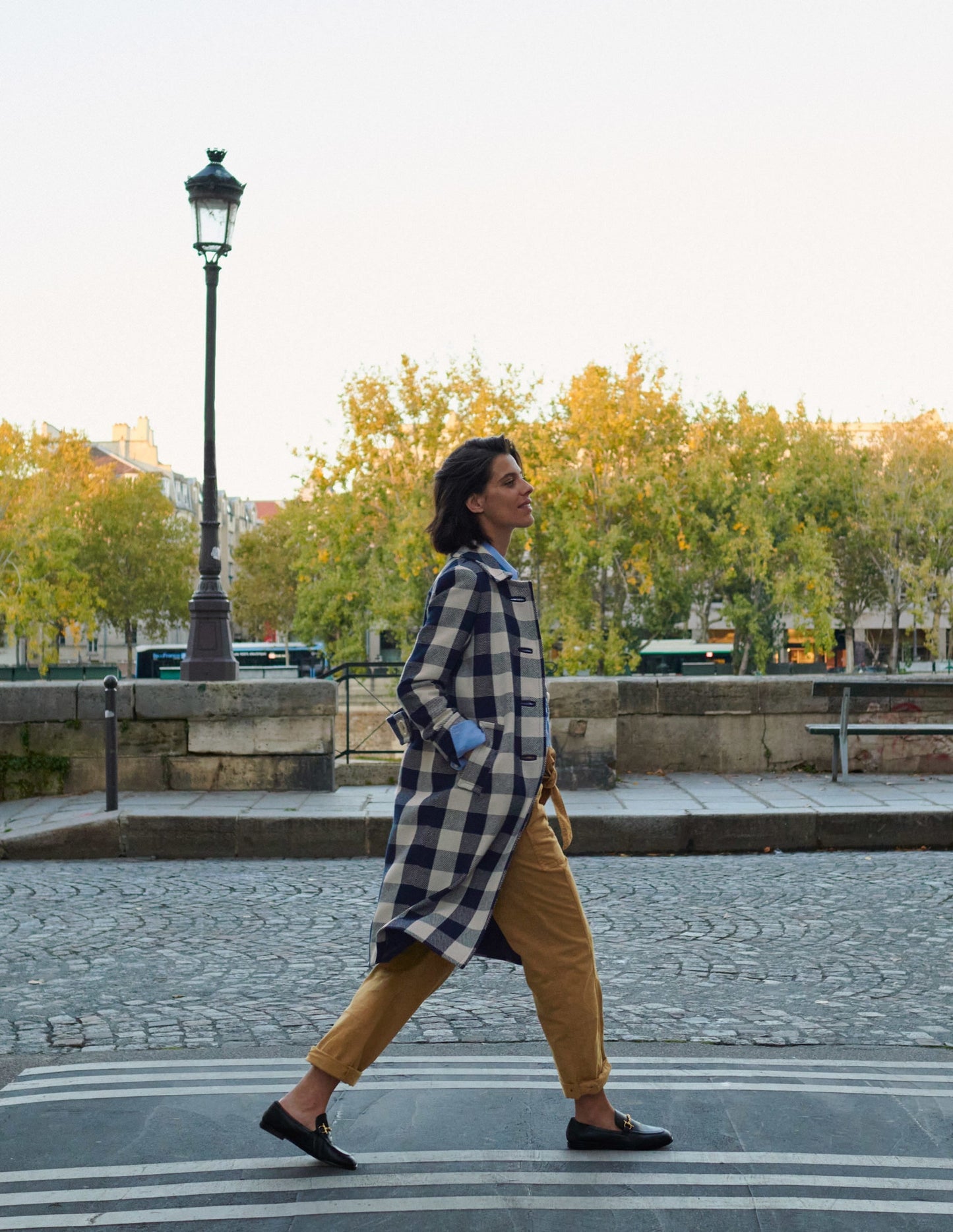 Bonnie Gingham Buttoned Coat-Ivory/Navy Gingham