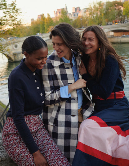 Bonnie Gingham Buttoned Coat-Ivory/Navy Gingham