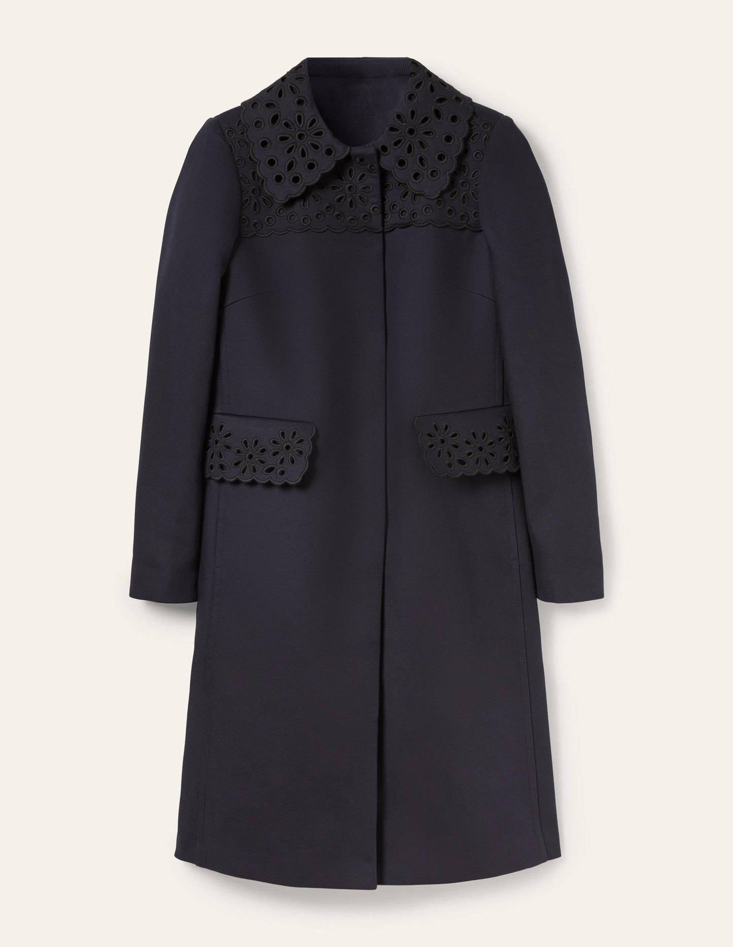 Broderie Detail Coat-Navy