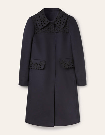 Broderie Detail Coat-Navy