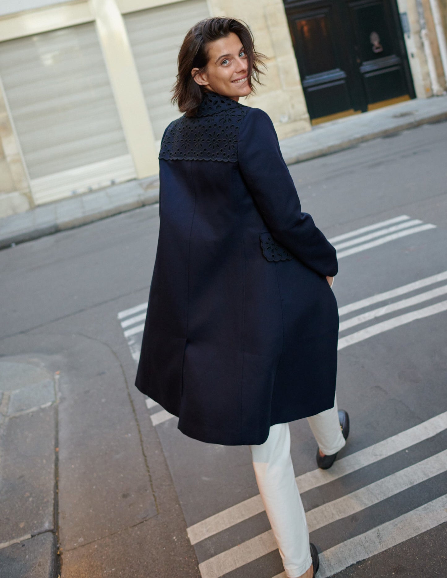 Broderie Detail Coat-Navy