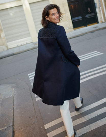 Broderie Detail Coat-Navy