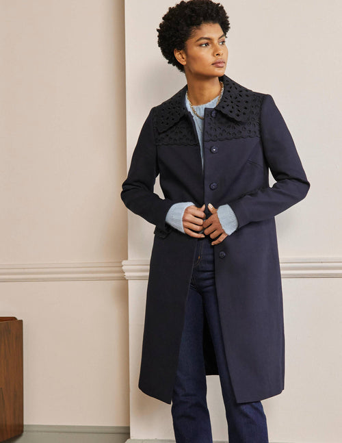 Broderie Detail Coat-Navy