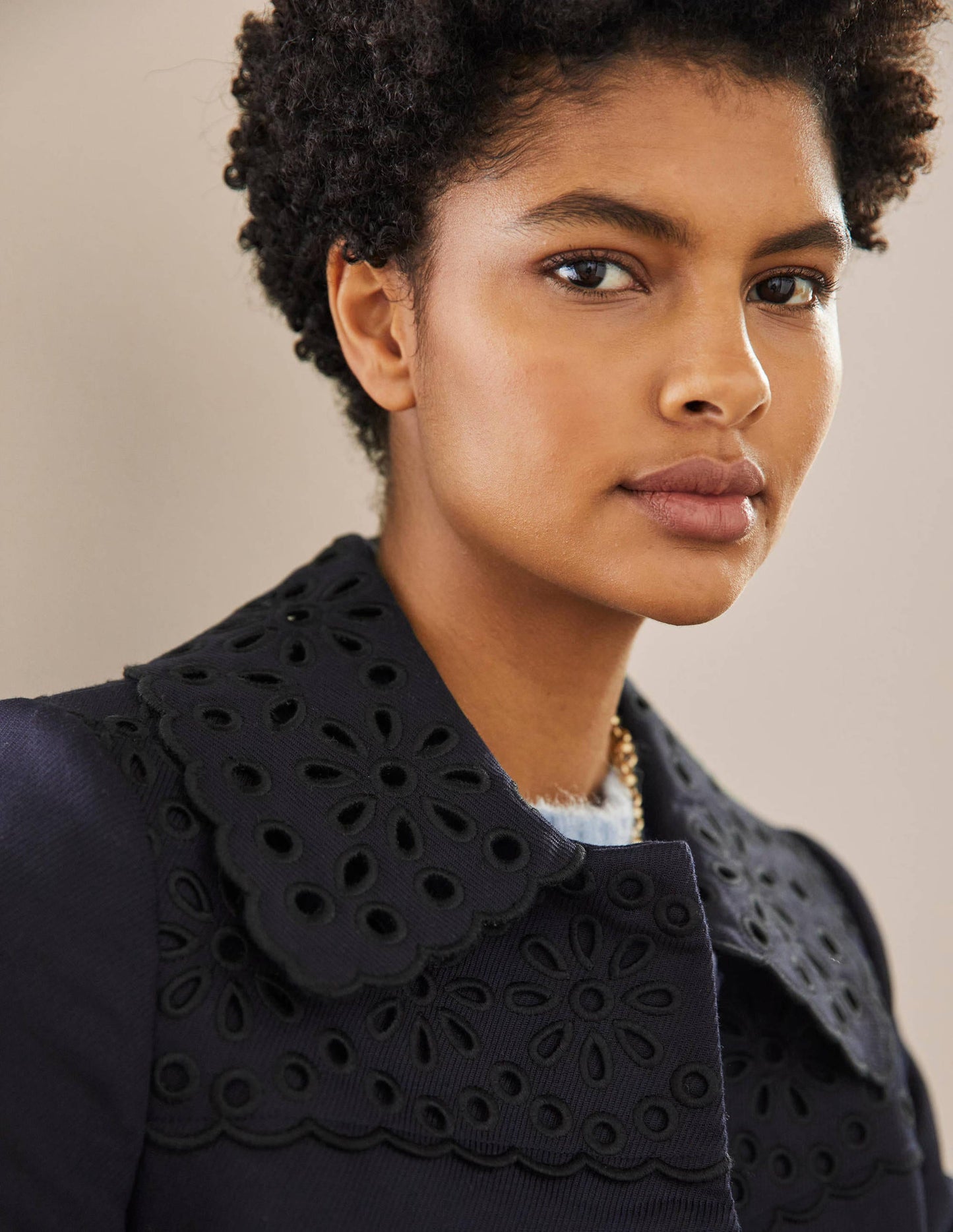 Broderie Detail Coat-Navy