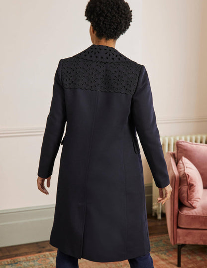 Broderie Detail Coat-Navy