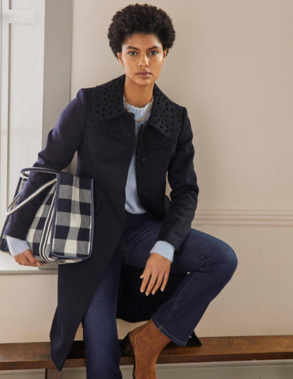 Broderie Detail Coat-Navy