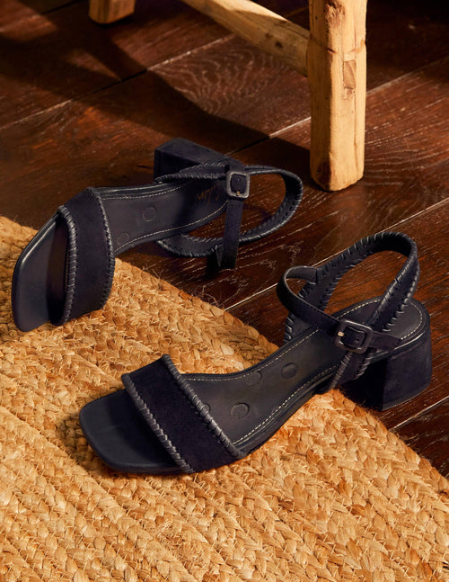 Block Heel Suede Sandals-Navy
