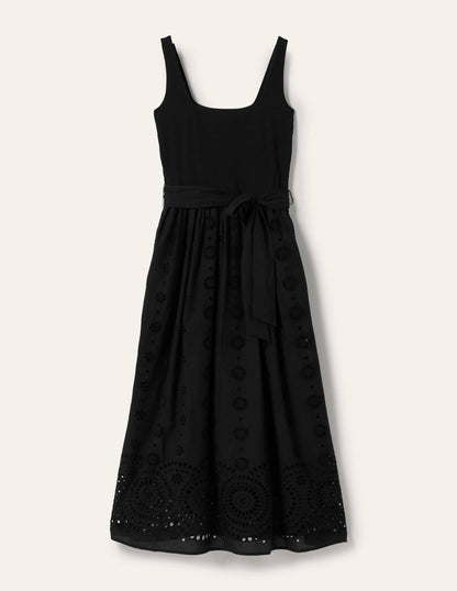 Broderie Mix Midi Dress-Black