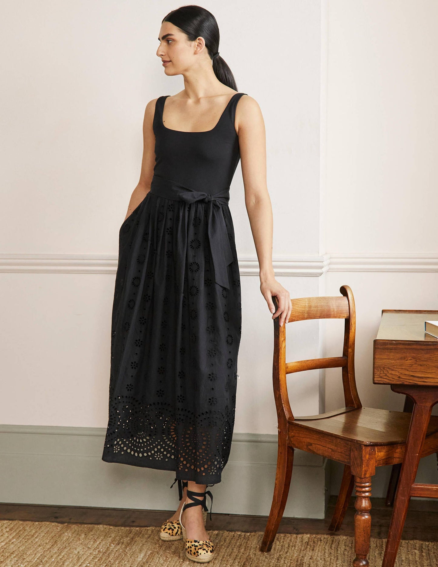 Broderie Mix Midi Dress-Black