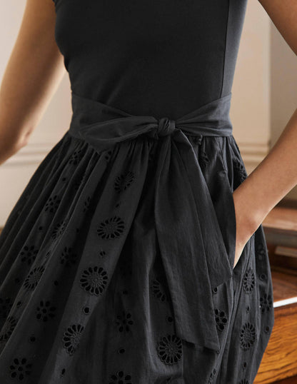 Broderie Mix Midi Dress-Black