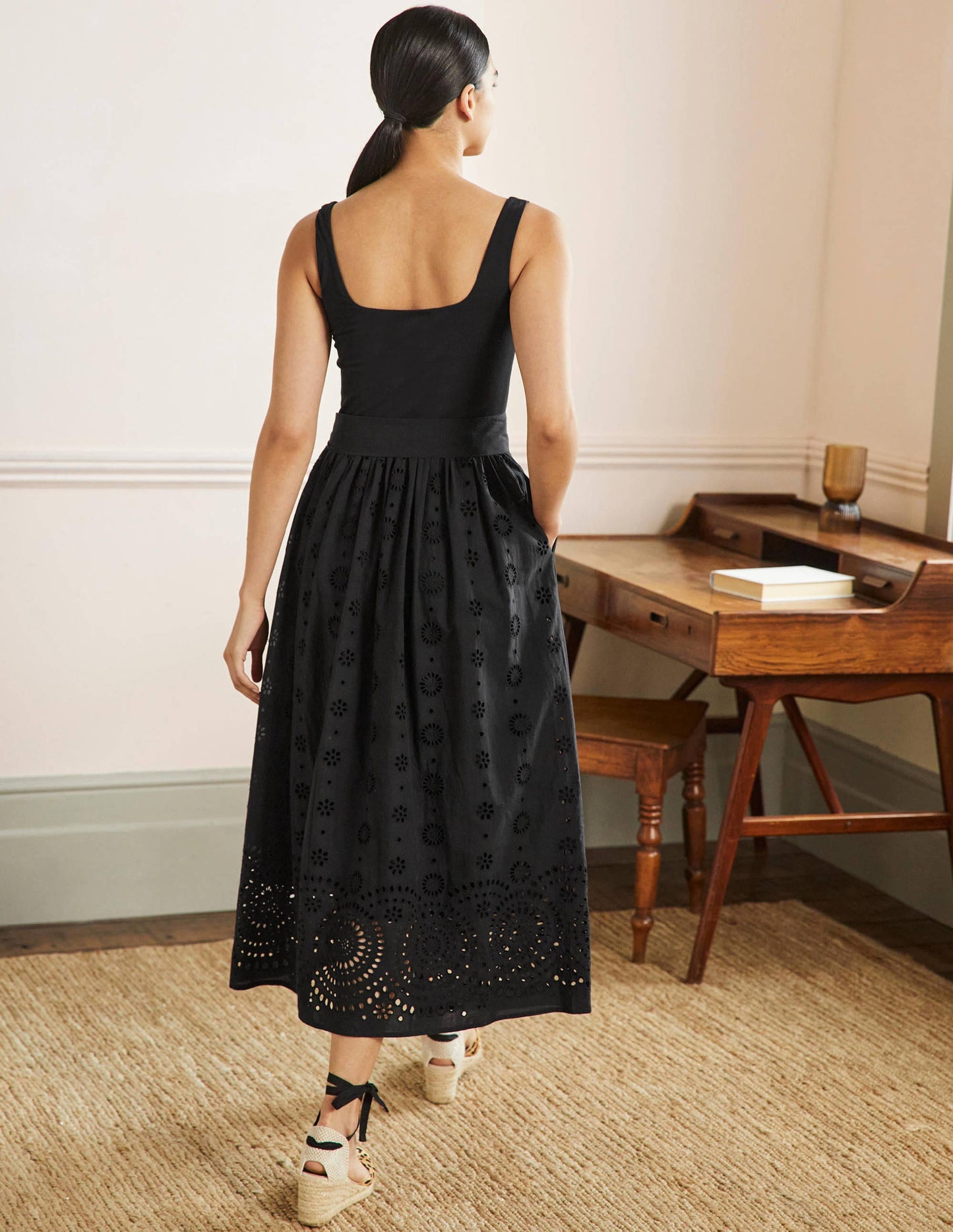 Broderie Mix Midi Dress-Black