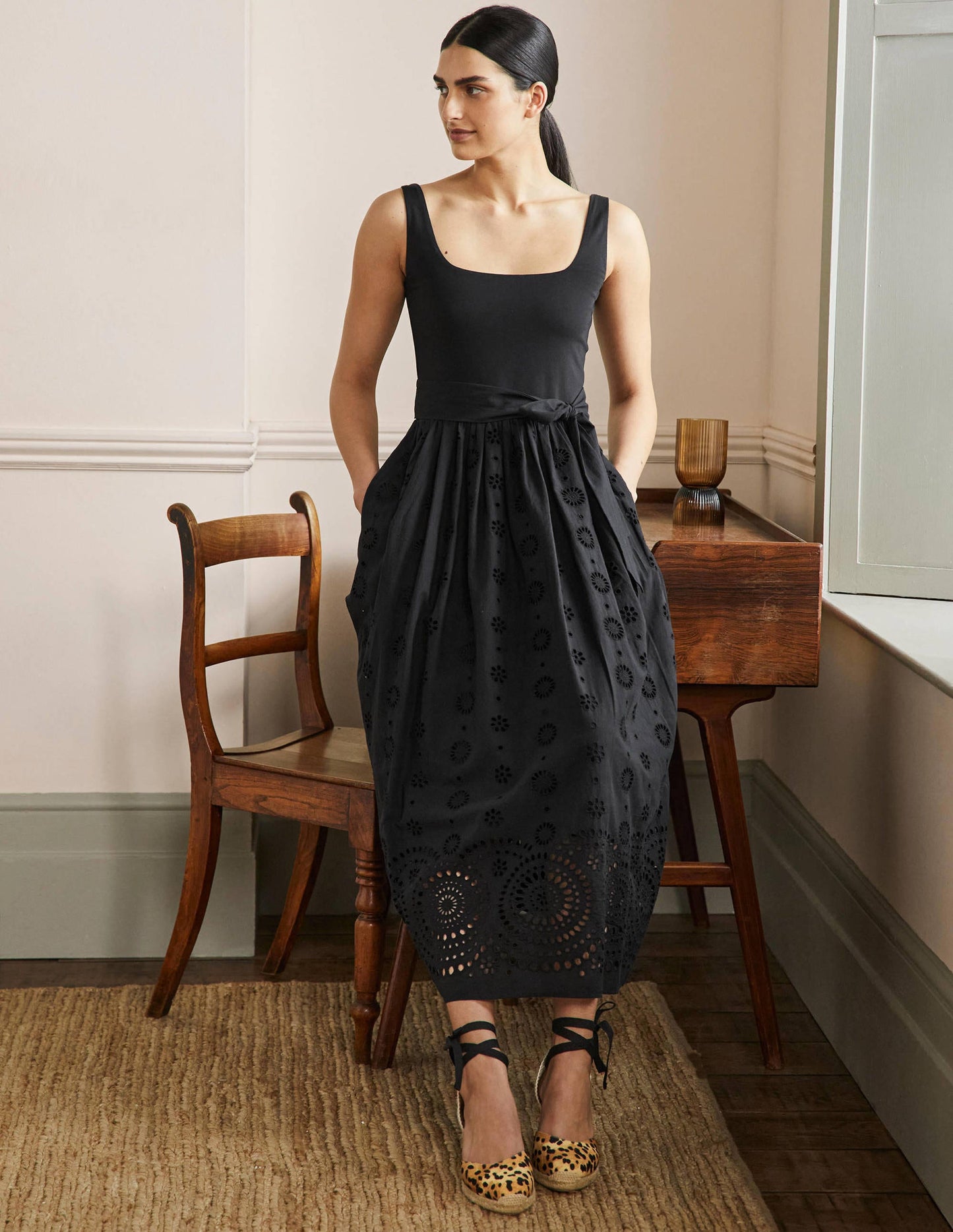 Broderie Mix Midi Dress-Black