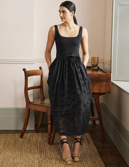 Broderie Mix Midi Dress-Black
