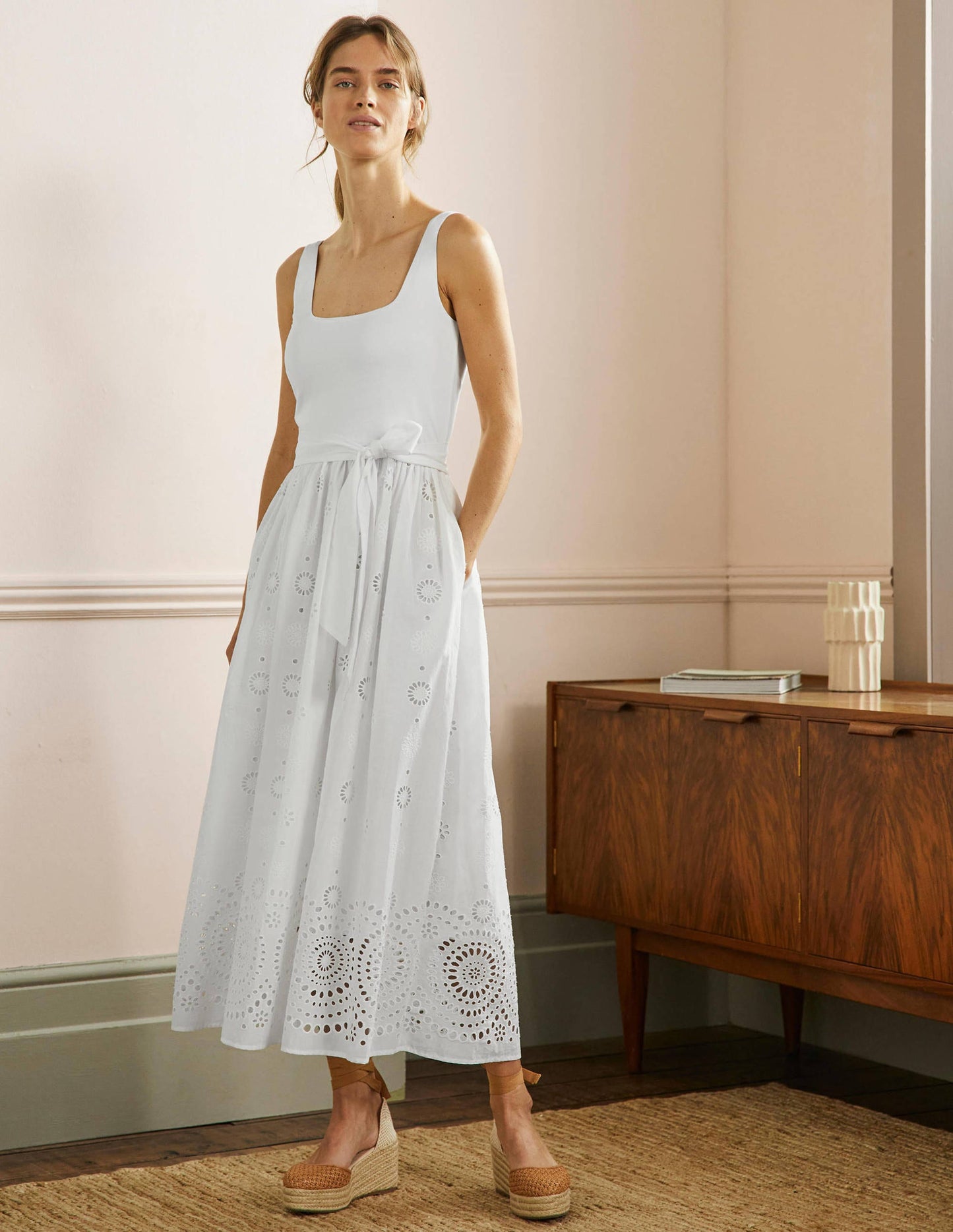 Broderie Mix Midi Dress-White