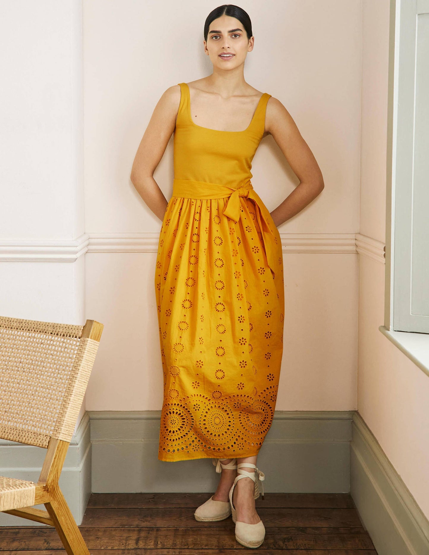 Broderie Mix Midi Dress-Honeycomb