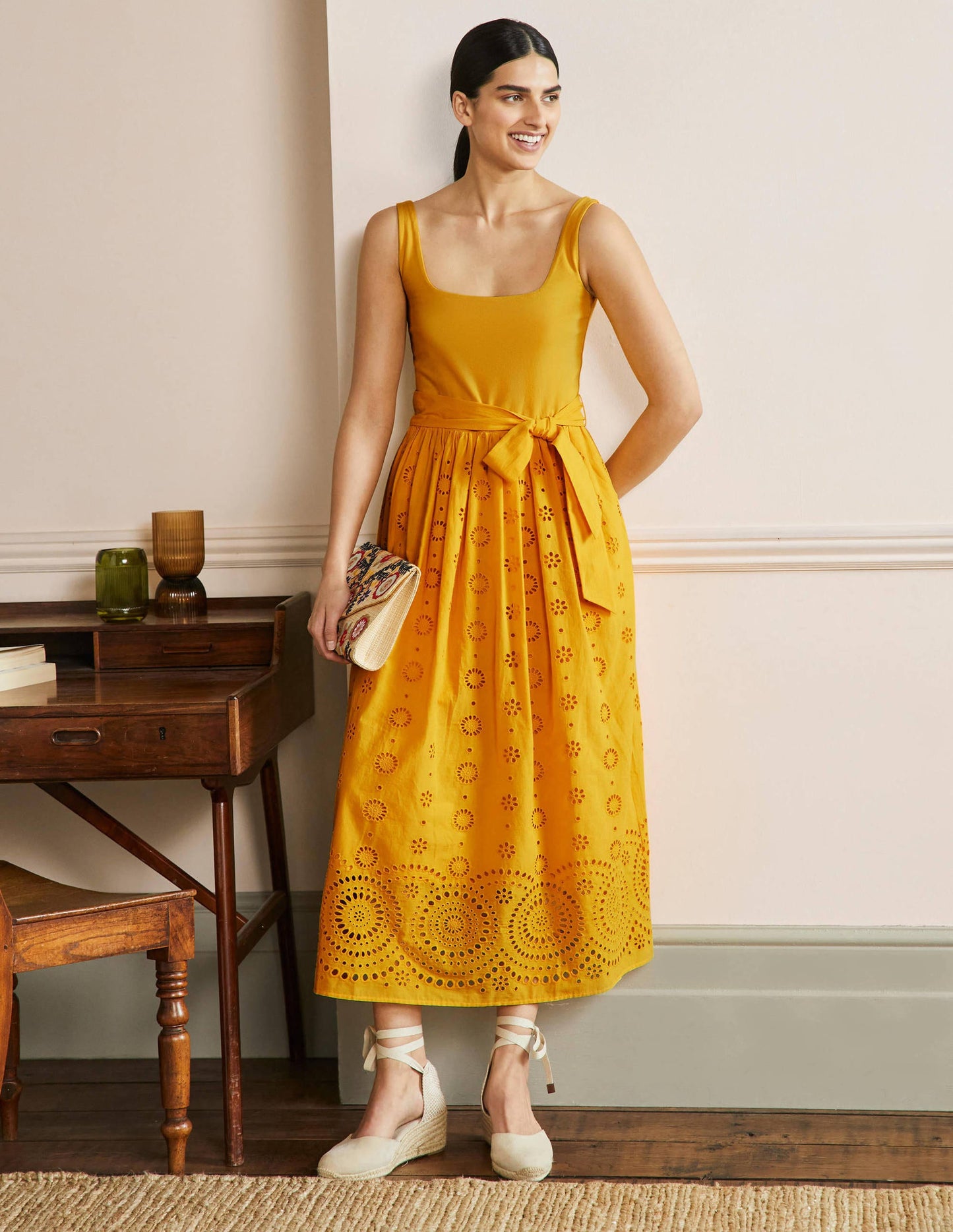 Broderie Mix Midi Dress-Honeycomb