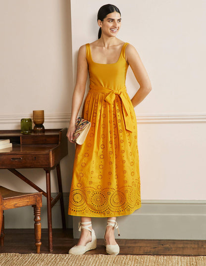 Broderie Mix Midi Dress-Honeycomb