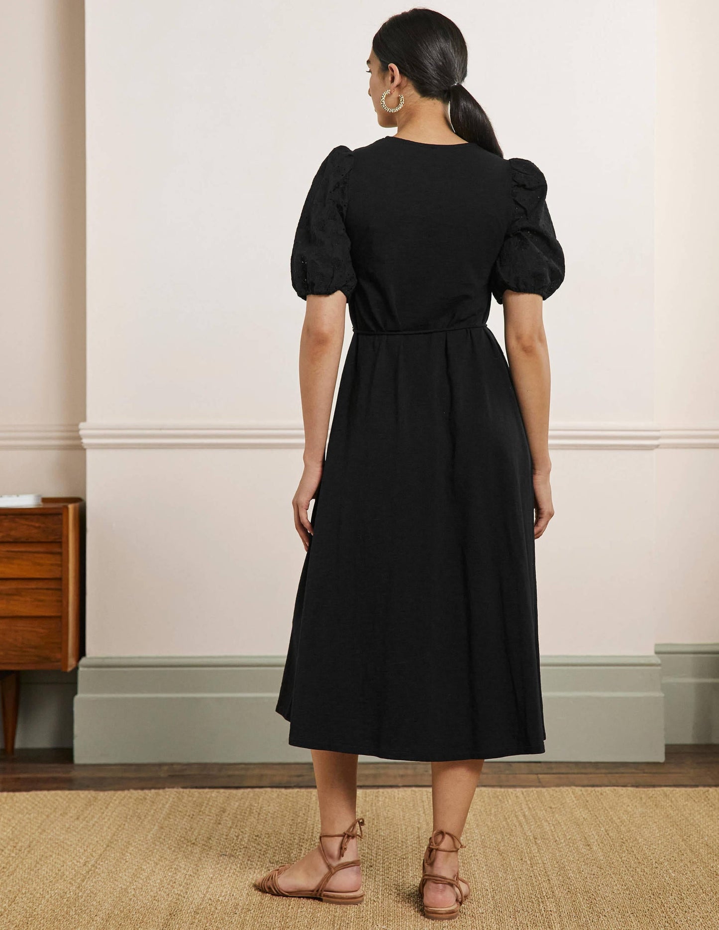 Broderie Mix Jersey Midi Dress-Black
