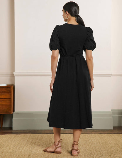 Broderie Mix Jersey Midi Dress-Black