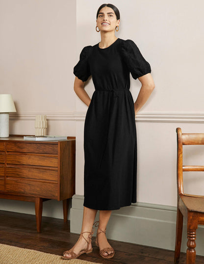 Broderie Mix Jersey Midi Dress-Black