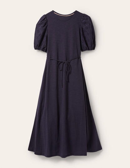 Broderie Mix Jersey Midi Dress-Navy