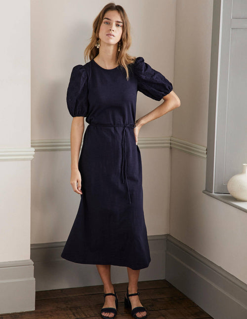 Broderie Mix Jersey Midi Dress-Navy
