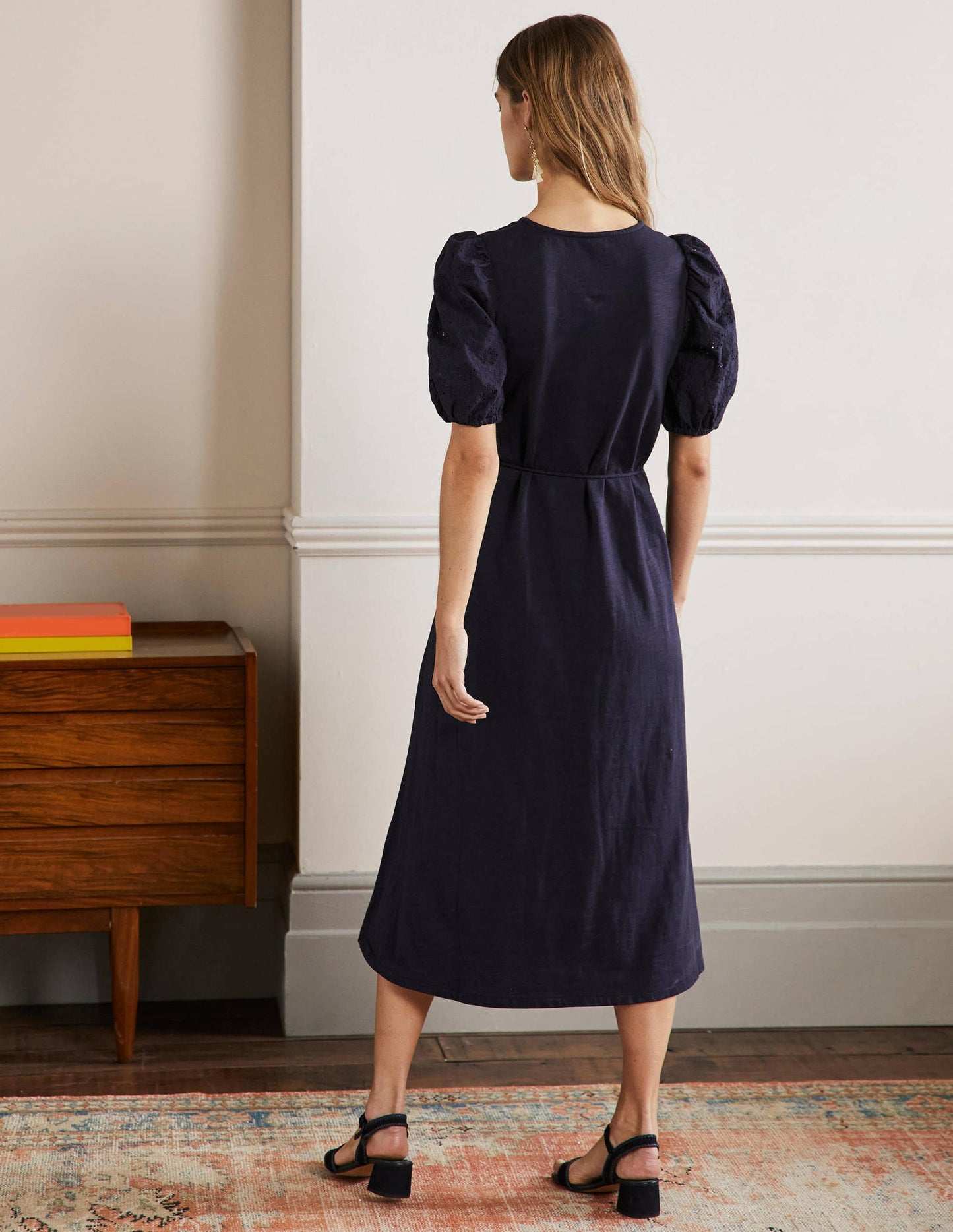 Broderie Mix Jersey Midi Dress-Navy