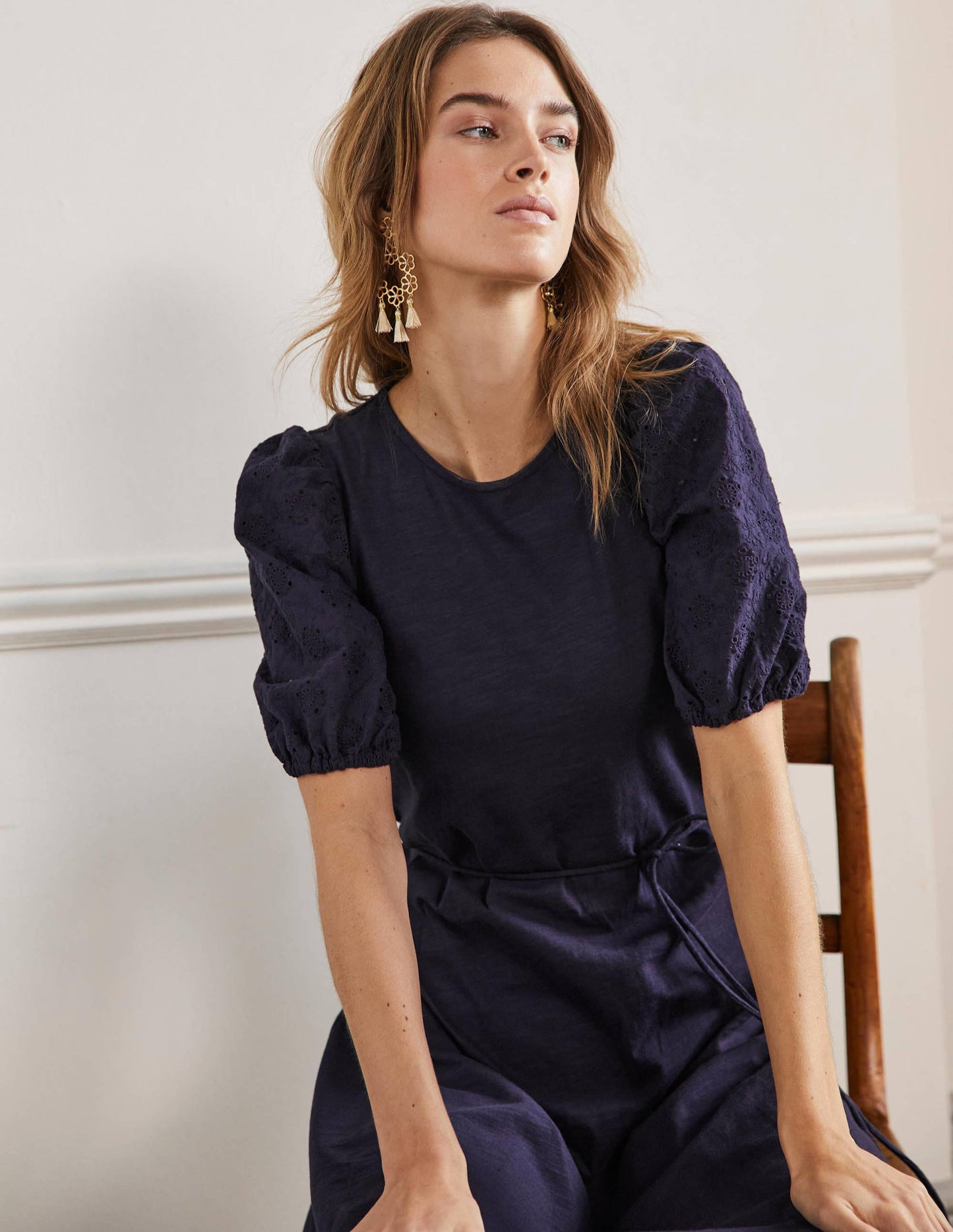 Broderie Mix Jersey Midi Dress-Navy