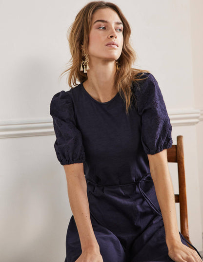 Broderie Mix Jersey Midi Dress-Navy