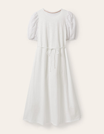 Broderie Mix Jersey Midi Dress-White