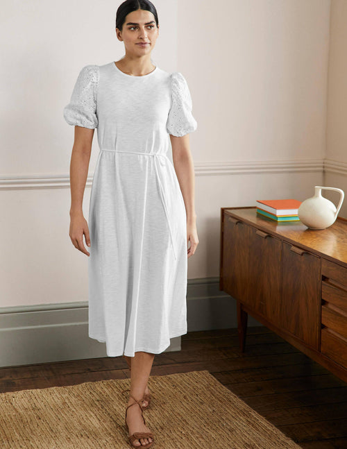 Broderie Mix Jersey Midi Dress-White