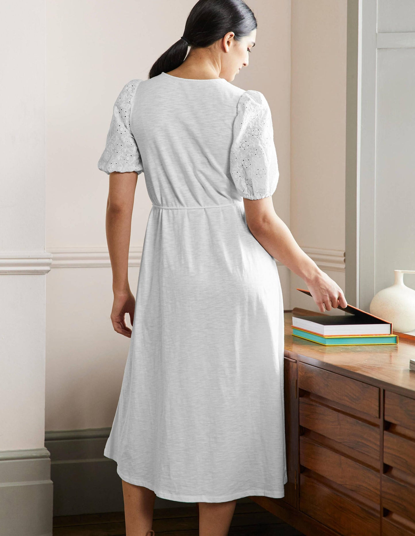 Broderie Mix Jersey Midi Dress-White