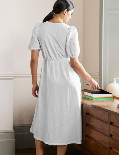 Broderie Mix Jersey Midi Dress-White