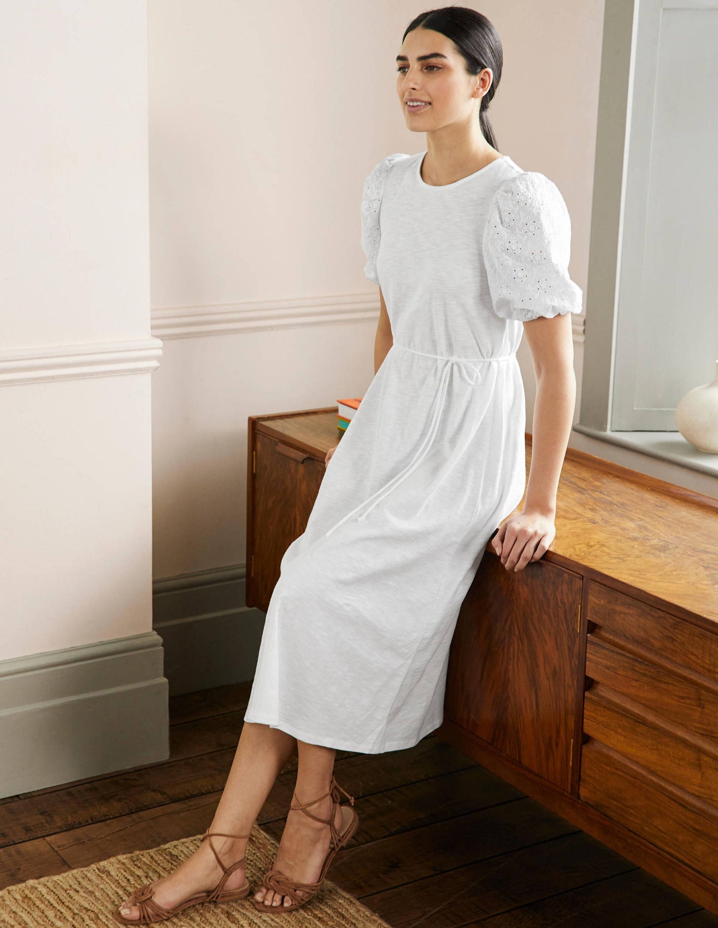Broderie Mix Jersey Midi Dress-White