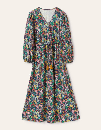 Belted Jersey Maxi Dress-Navy Exotic Paradise