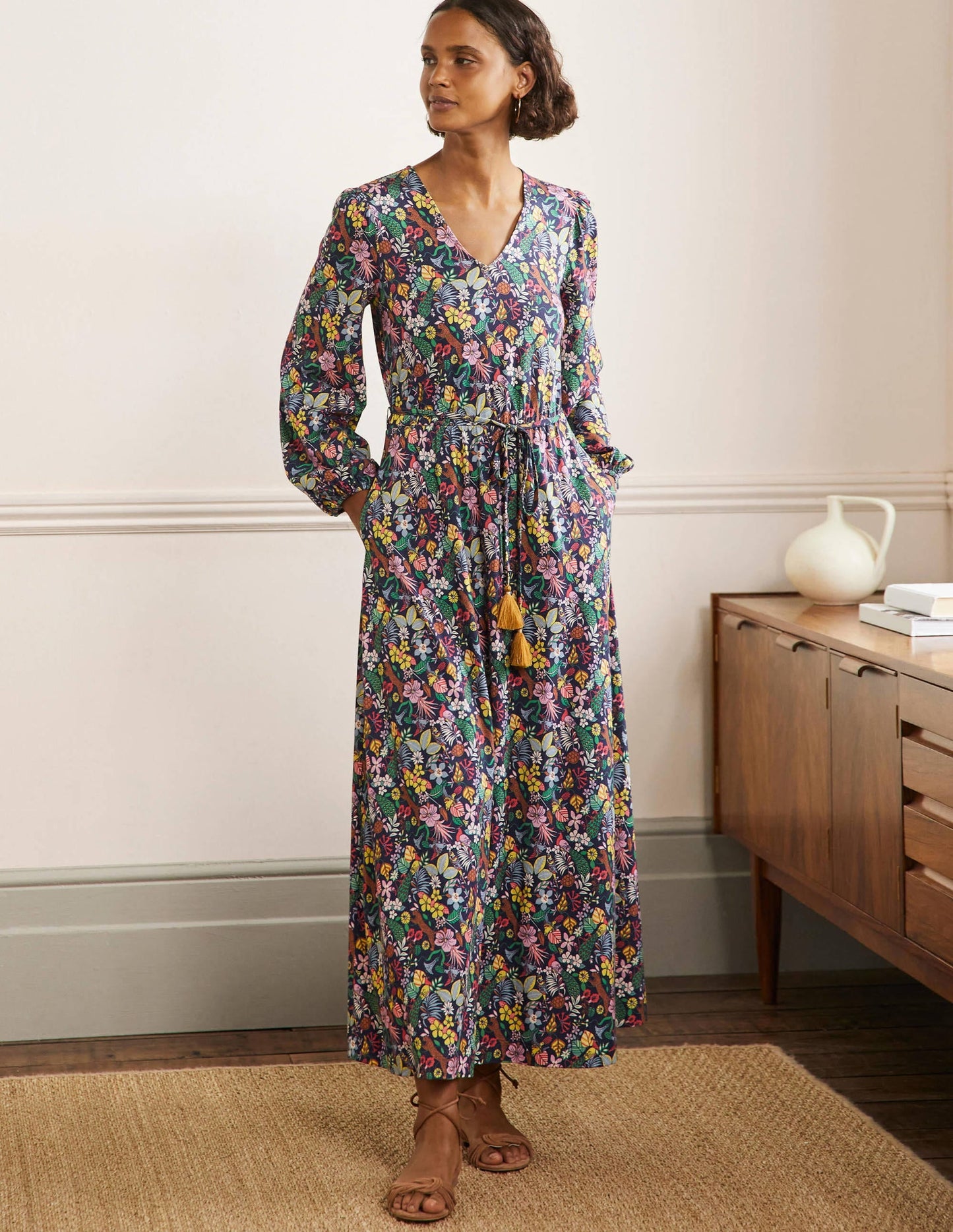Belted Jersey Maxi Dress-Navy Exotic Paradise