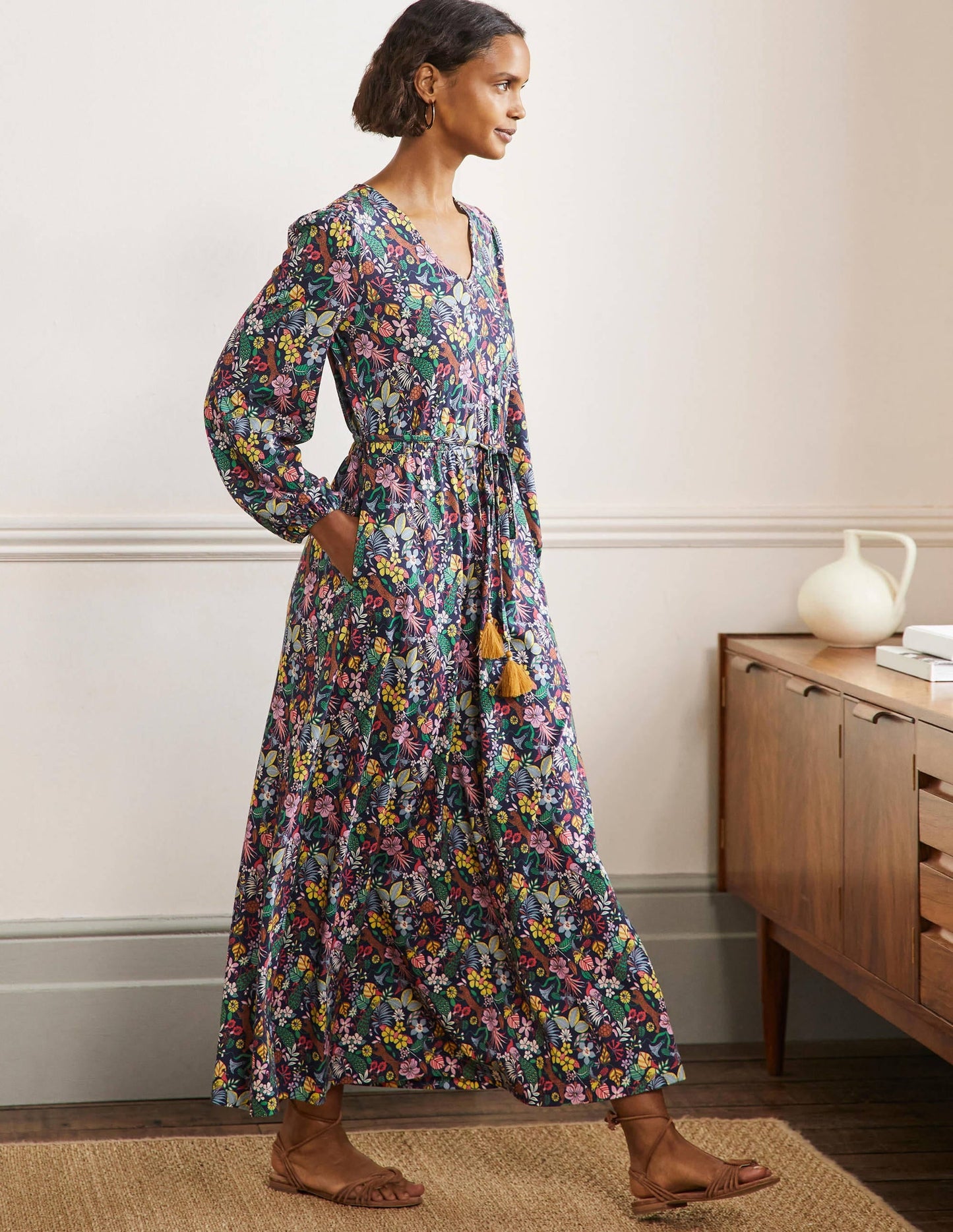 Belted Jersey Maxi Dress-Navy Exotic Paradise