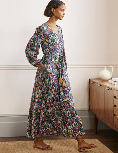 Belted Jersey Maxi Dress-Navy Exotic Paradise