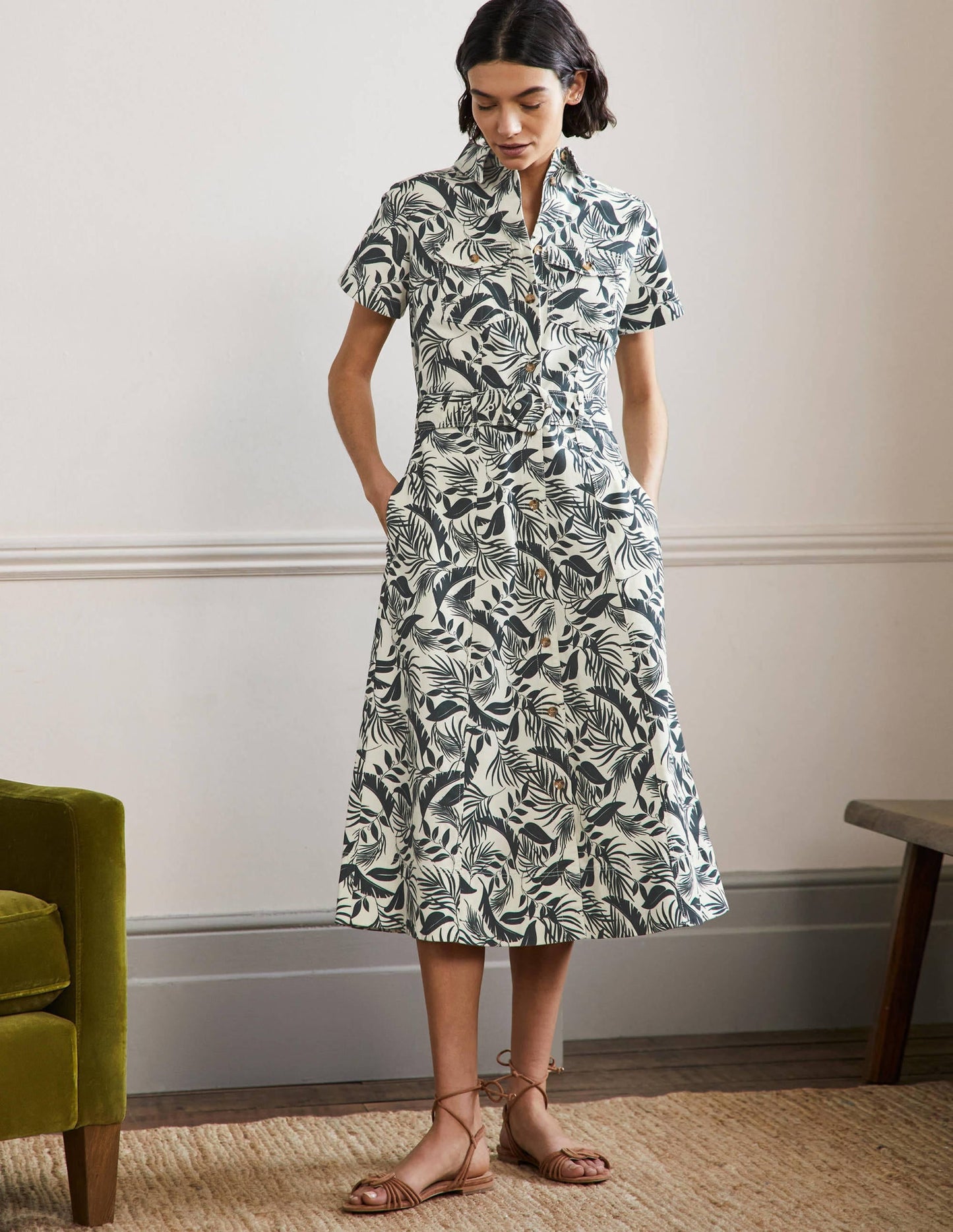 Belted Midi Shirt Dress-Garden, Tropic Foliage
